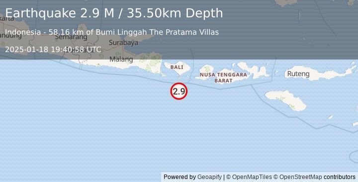 Earthquake South of Bali, Indonesia (2.9 M) (2025-01-18 19:40:58 UTC)