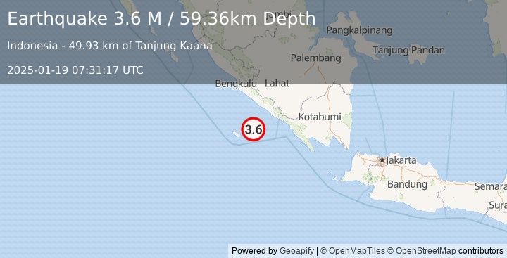 Earthquake Southern Sumatra, Indonesia (3.6 M) (2025-01-19 07:31:17 UTC)