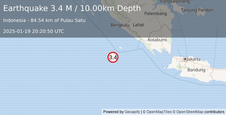 Earthquake Southwest of Sumatra, Indonesia (3.4 M) (2025-01-19 20:20:50 UTC)