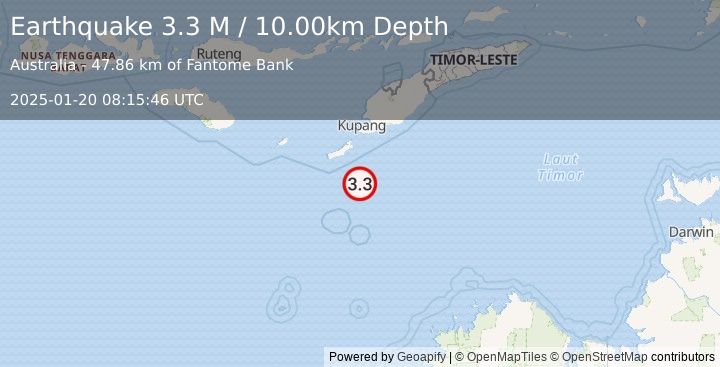 Earthquake South of Timor, Indonesia (3.3 M) (2025-01-20 08:15:46 UTC)