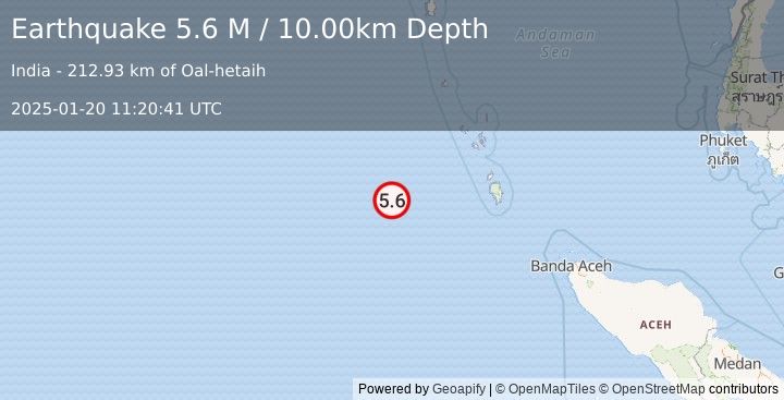 Earthquake Nicobar Islands, India Region (5.6 M) (2025-01-20 11:20:41 UTC)