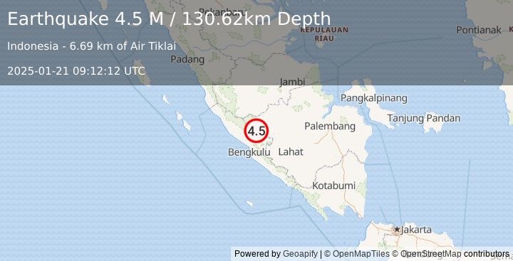 Earthquake Southern Sumatra, Indonesia (4.5 M) (2025-01-21 09:12:12 UTC)