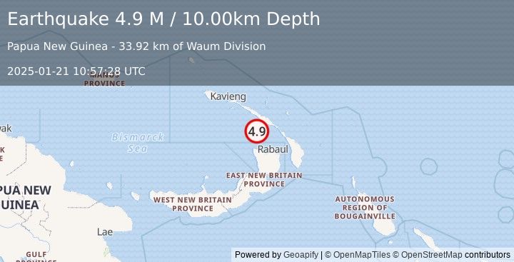 Earthquake New Ireland Region, Papua New Guinea (4.9 M) (2025-01-21 10:57:28 UTC)