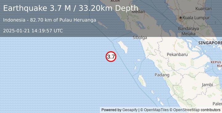 Earthquake Off West Coast of Northern Sumatra (3.7 M) (2025-01-21 14:19:57 UTC)