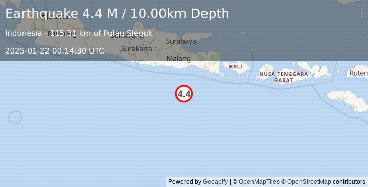 Earthquake South of Java, Indonesia (4.4 M) (2025-01-22 00:14:29 UTC)