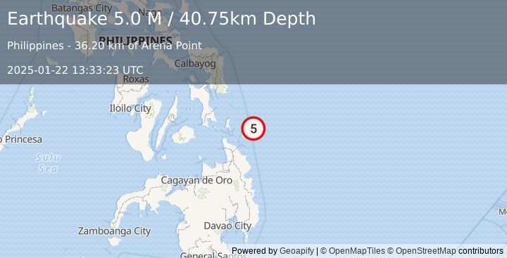 Earthquake Philippine Islands Region (5.0 M) (2025-01-22 13:33:23 UTC)