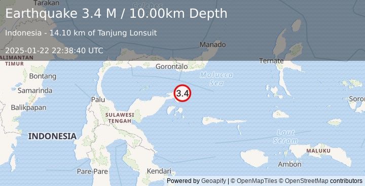 Earthquake Minahassa Peninsula, Sulawesi (3.4 M) (2025-01-22 22:38:40 UTC)