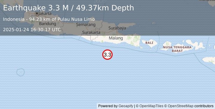 Earthquake South of Java, Indonesia (3.3 M) (2025-01-24 16:30:17 UTC)