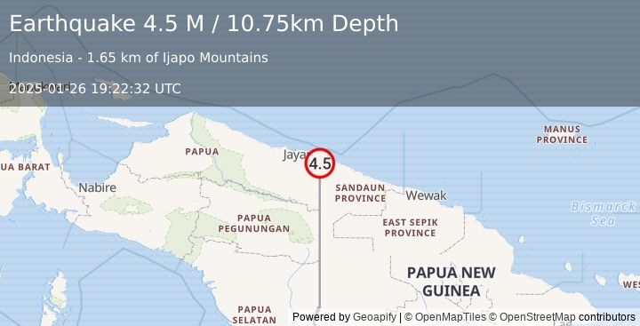 Earthquake Near North Coast of Papua New Guinea (4.5 M) (2025-01-26 19:22:32 UTC)