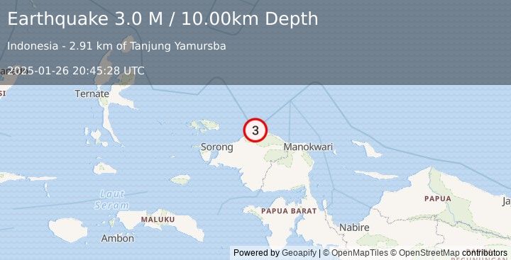 Earthquake West Papua Region, Indonesia (3.0 M) (2025-01-26 20:45:28 UTC)