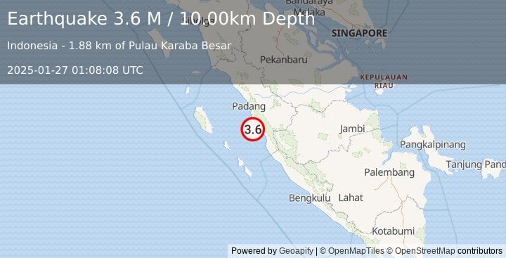 Earthquake Southern Sumatra, Indonesia (3.6 M) (2025-01-27 01:08:09 UTC)