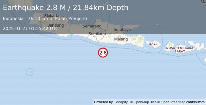 Earthquake South of Java, Indonesia (2.8 M) (2025-01-27 01:55:42 UTC)