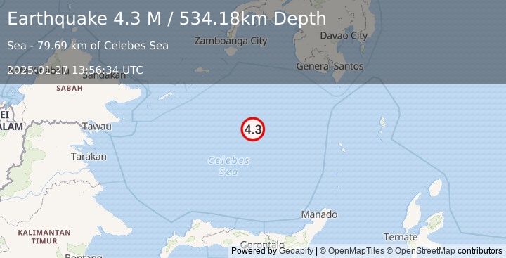 Earthquake Celebes Sea (4.3 M) (2025-01-27 13:56:34 UTC)