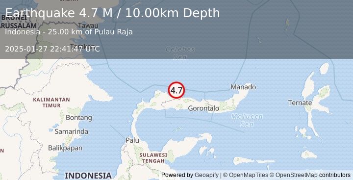 Earthquake Minahassa Peninsula, Sulawesi (4.7 M) (2025-01-27 22:41:45 UTC)