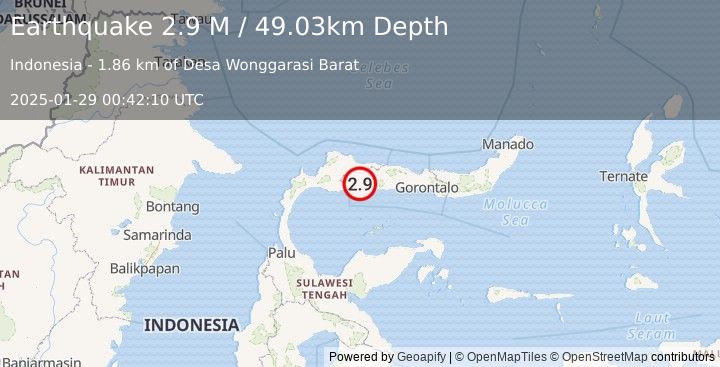 Earthquake Minahassa Peninsula, Sulawesi (2.9 M) (2025-01-29 00:42:10 UTC)