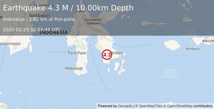 Earthquake Sulawesi, Indonesia (4.3 M) (2025-01-29 02:02:45 UTC)