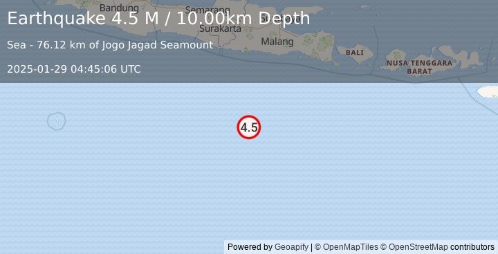 Earthquake South of Java, Indonesia (4.5 M) (2025-01-29 04:45:06 UTC)