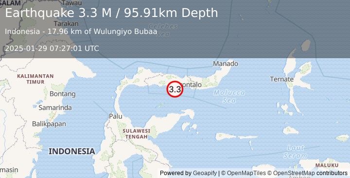 Earthquake Minahassa Peninsula, Sulawesi (3.3 M) (2025-01-29 07:27:01 UTC)