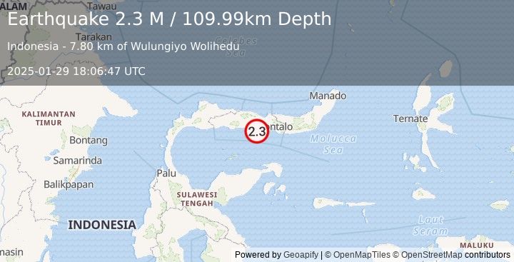 Earthquake Minahassa Peninsula, Sulawesi (2.3 M) (2025-01-29 18:06:47 UTC)