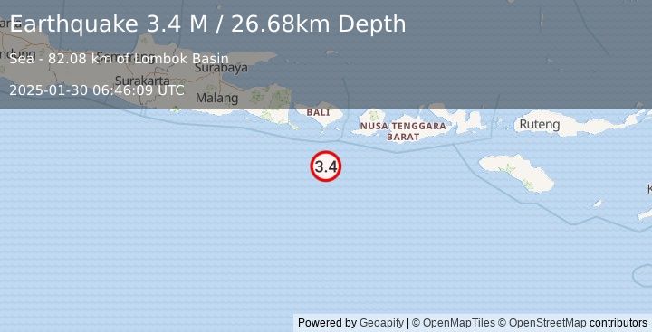 Earthquake South of Bali, Indonesia (3.4 M) (2025-01-30 06:46:09 UTC)