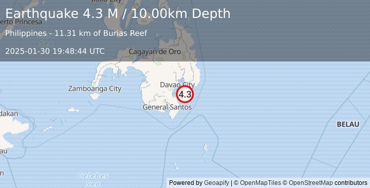 Earthquake Mindanao, Philippines (4.3 M) (2025-01-30 19:48:44 UTC)