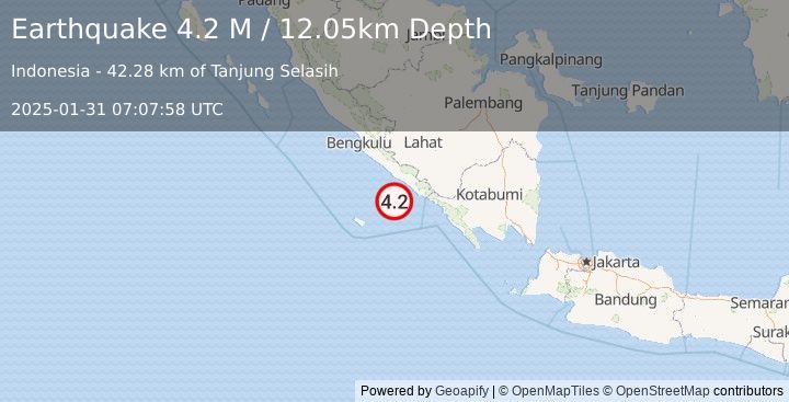 Earthquake Southern Sumatra, Indonesia (4.4 M) (2025-01-31 07:07:59 UTC)