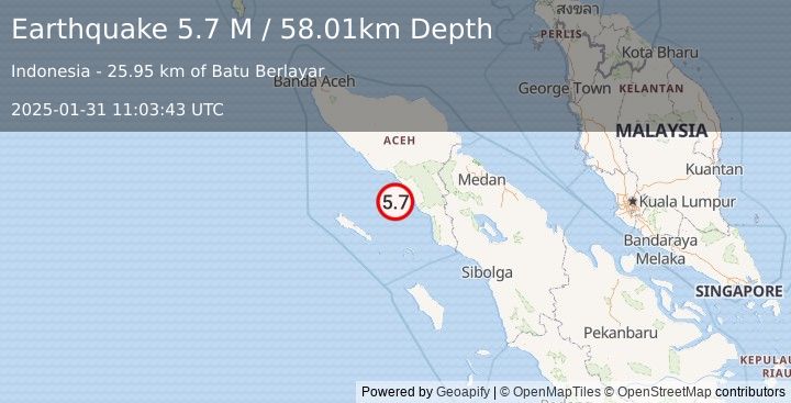 Earthquake Northern Sumatra, Indonesia (5.7 M) (2025-01-31 11:03:43 UTC)