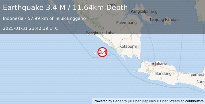 Earthquake Southern Sumatra, Indonesia (3.4 M) (2025-01-31 23:42:19 UTC)