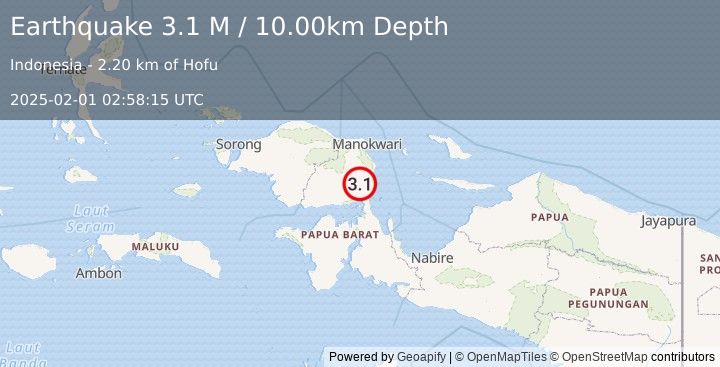 Earthquake West Papua Region, Indonesia (3.1 M) (2025-02-01 02:58:15 UTC)