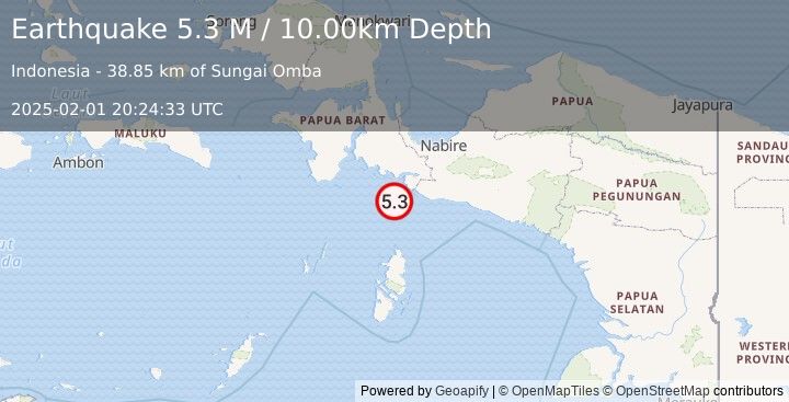 Earthquake West Papua Region, Indonesia (5.3 M) (2025-02-01 20:24:35 UTC)