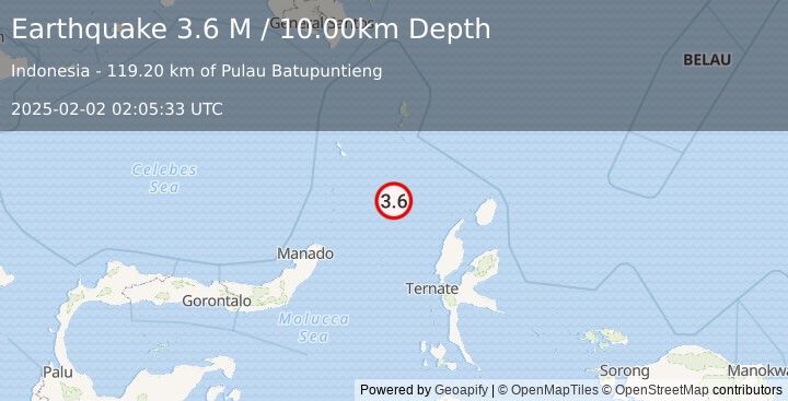 Earthquake Northern Molucca Sea (3.6 M) (2025-02-02 02:05:33 UTC)