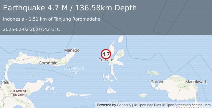 Earthquake Halmahera, Indonesia (4.7 M) (2025-02-02 20:07:42 UTC)