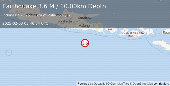 Earthquake South of Java, Indonesia (3.6 M) (2025-02-03 03:46:54 UTC)