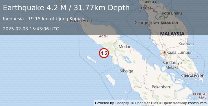 Earthquake Northern Sumatra, Indonesia (4.2 M) (2025-02-03 15:43:06 UTC)