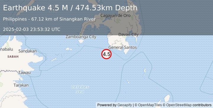 Earthquake Mindanao, Philippines (4.5 M) (2025-02-03 23:53:32 UTC)