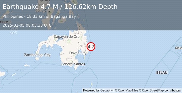 Earthquake Mindanao, Philippines (4.7 M) (2025-02-05 08:03:38 UTC)