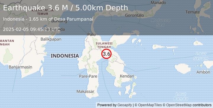 Earthquake Sulawesi, Indonesia (3.6 M) (2025-02-05 09:45:13 UTC)