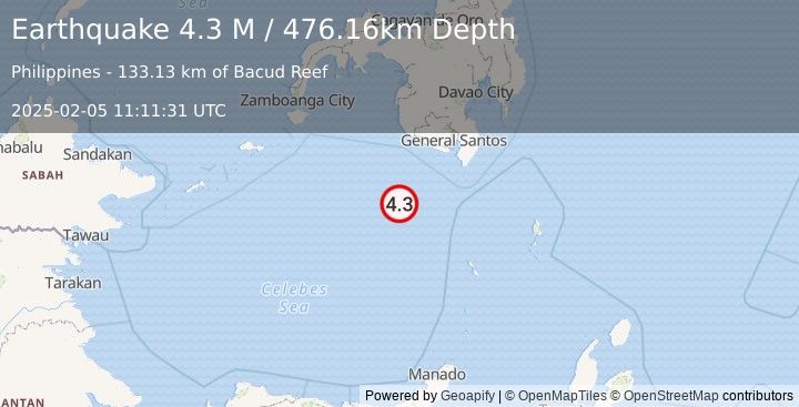 Earthquake Celebes Sea (4.3 M) (2025-02-05 11:11:31 UTC)