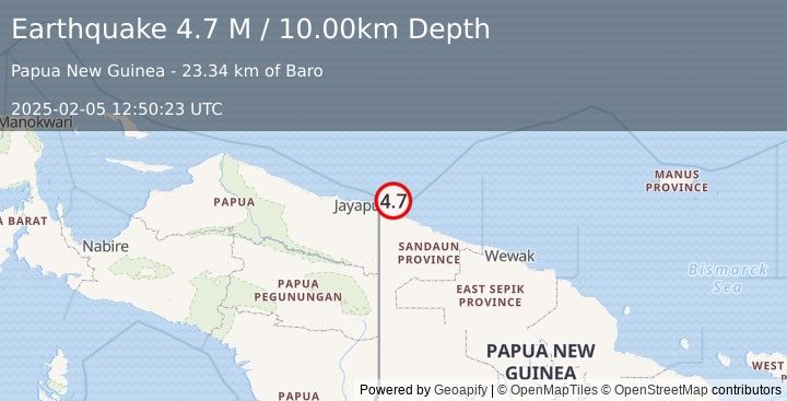 Earthquake Near North Coast of Papua New Guinea (4.7 M) (2025-02-05 12:50:23 UTC)