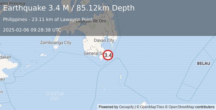 Earthquake Mindanao, Philippines (3.4 M) (2025-02-06 09:28:38 UTC)