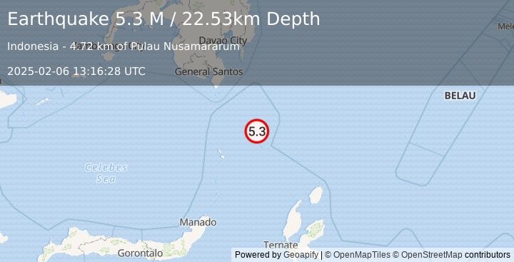 Earthquake Talaud Islands, Indonesia (5.4 M) (2025-02-06 13:16:28 UTC)