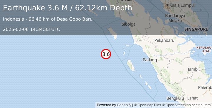 Earthquake Southwest of Sumatra, Indonesia (3.6 M) (2025-02-06 14:34:33 UTC)