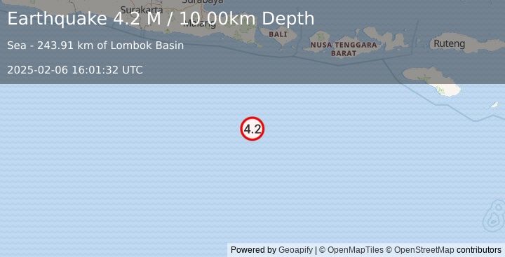 Earthquake South of Bali, Indonesia (4.2 M) (2025-02-06 16:01:32 UTC)