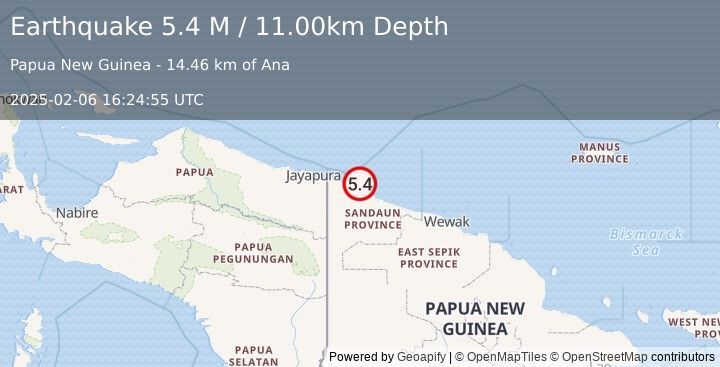 Earthquake Near North Coast of Papua New Guinea (5.4 M) (2025-02-06 16:24:55 UTC)