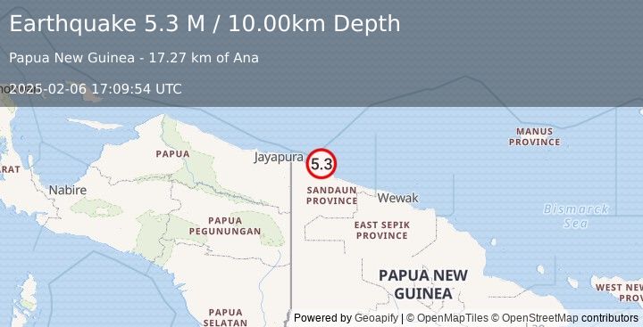 Earthquake Near North Coast of Papua New Guinea (5.3 M) (2025-02-06 17:09:54 UTC)