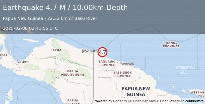 Earthquake Near North Coast of Papua New Guinea (4.7 M) (2025-02-08 02:41:55 UTC)