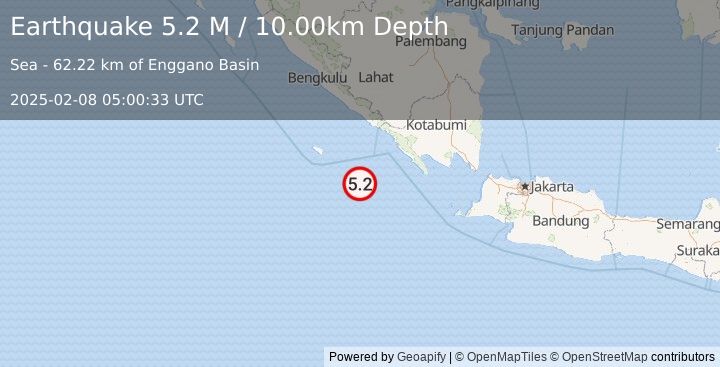 Earthquake Southwest of Sumatra, Indonesia (5.2 M) (2025-02-08 05:00:35 UTC)