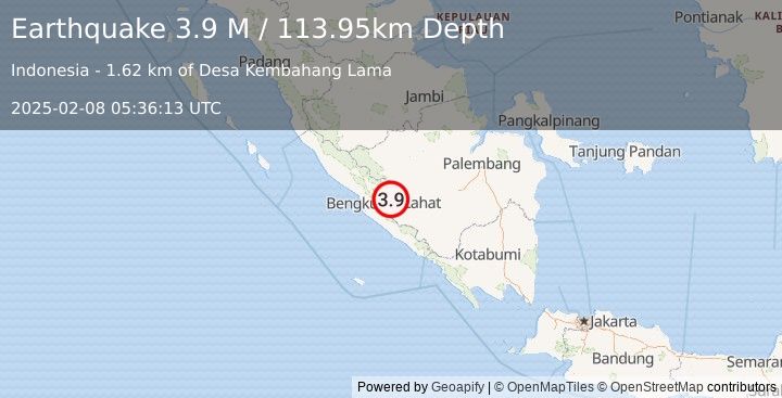 Earthquake Southern Sumatra, Indonesia (3.9 M) (2025-02-08 05:36:13 UTC)