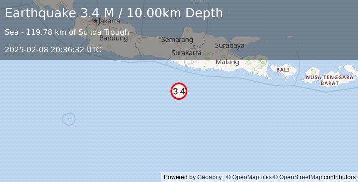 Earthquake South of Java, Indonesia (3.4 M) (2025-02-08 20:36:32 UTC)