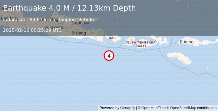 Earthquake South of Bali, Indonesia (4.0 M) (2025-02-10 00:25:32 UTC)